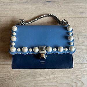 Fendi Kan Scalloped Pearl Navy Blue and Light Blue Color Block Shoulder